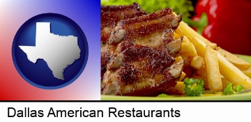 an American restaurant entree (back ribs and french fries) in Dallas, TX
