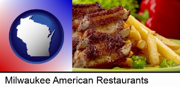 an American restaurant entree (back ribs and french fries) in Milwaukee, WI