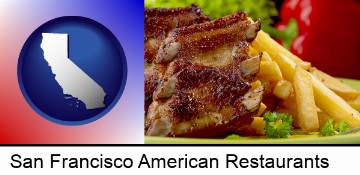 an American restaurant entree (back ribs and french fries) in San Francisco, CA