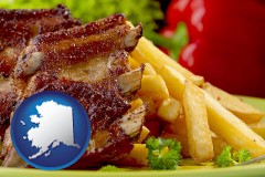 alaska map icon and an American restaurant entree (back ribs and french fries)