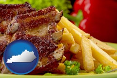 kentucky map icon and an American restaurant entree (back ribs and french fries)