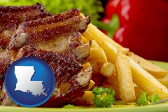 louisiana map icon and an American restaurant entree (back ribs and french fries)