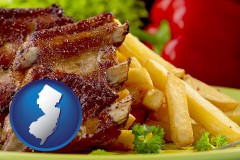 new-jersey map icon and an American restaurant entree (back ribs and french fries)