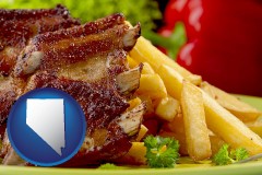 nevada map icon and an American restaurant entree (back ribs and french fries)