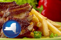 new-york map icon and an American restaurant entree (back ribs and french fries)