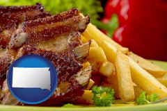 south-dakota map icon and an American restaurant entree (back ribs and french fries)