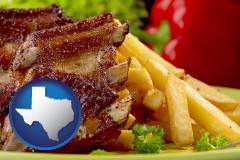 texas map icon and an American restaurant entree (back ribs and french fries)