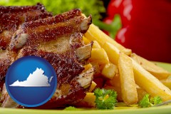 virginia map icon and an American restaurant entree (back ribs and french fries)