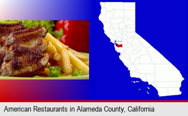 an American restaurant entree (back ribs and french fries); Alameda County highlighted in red on a map