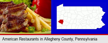 an American restaurant entree (back ribs and french fries); Allegheny County highlighted in red on a map