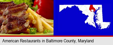 an American restaurant entree (back ribs and french fries); Baltimore County highlighted in red on a map