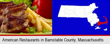 an American restaurant entree (back ribs and french fries); Barnstable County highlighted in red on a map