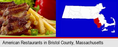 an American restaurant entree (back ribs and french fries); Bristol County highlighted in red on a map