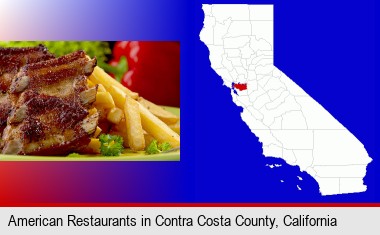 an American restaurant entree (back ribs and french fries); Contra Costa County highlighted in red on a map