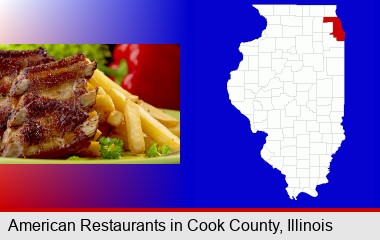 an American restaurant entree (back ribs and french fries); Cook County highlighted in red on a map