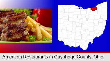 an American restaurant entree (back ribs and french fries); Cuyahoga County highlighted in red on a map