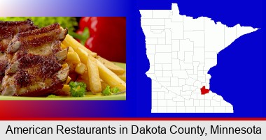 an American restaurant entree (back ribs and french fries); Dakota County highlighted in red on a map