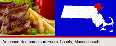 an American restaurant entree (back ribs and french fries); Essex County highlighted in red on a map