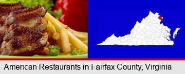 an American restaurant entree (back ribs and french fries); Fairfax County highlighted in red on a map
