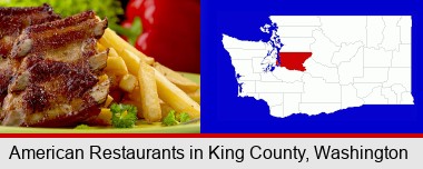 an American restaurant entree (back ribs and french fries); King County highlighted in red on a map