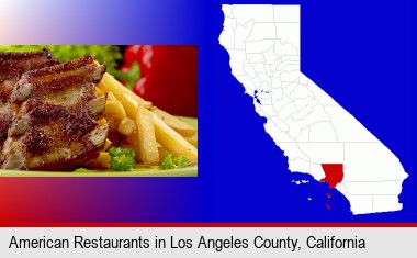 an American restaurant entree (back ribs and french fries); Los Angeles County highlighted in red on a map