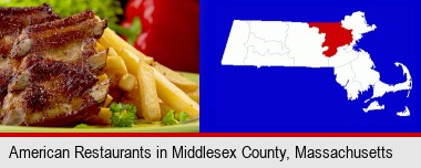 an American restaurant entree (back ribs and french fries); Middlesex County highlighted in red on a map