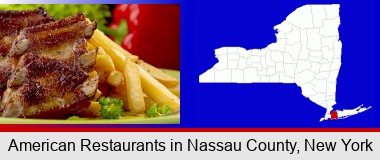 an American restaurant entree (back ribs and french fries); Nassau County highlighted in red on a map