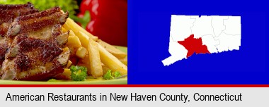an American restaurant entree (back ribs and french fries); New Haven County highlighted in red on a map