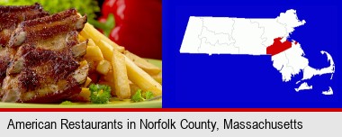 an American restaurant entree (back ribs and french fries); Norfolk County highlighted in red on a map
