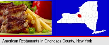 an American restaurant entree (back ribs and french fries); Onondaga County highlighted in red on a map