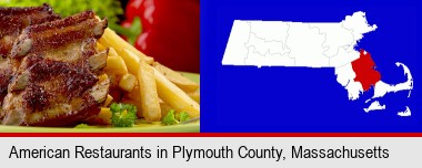 an American restaurant entree (back ribs and french fries); Plymouth County highlighted in red on a map