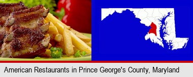 an American restaurant entree (back ribs and french fries); Prince George's County highlighted in red on a map