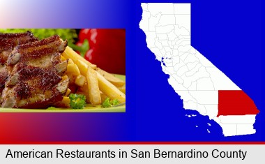 an American restaurant entree (back ribs and french fries); San Bernardino County highlighted in red on a map
