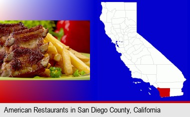 an American restaurant entree (back ribs and french fries); San Diego County highlighted in red on a map