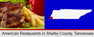 an American restaurant entree (back ribs and french fries); Shelby County highlighted in red on a map