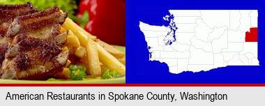 an American restaurant entree (back ribs and french fries); Spokane County highlighted in red on a map