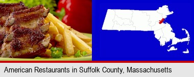 an American restaurant entree (back ribs and french fries); Suffolk County highlighted in red on a map