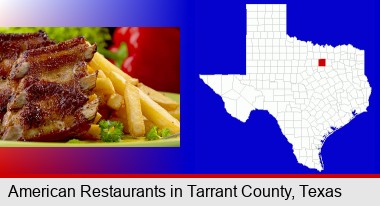 an American restaurant entree (back ribs and french fries); Tarrant County highlighted in red on a map