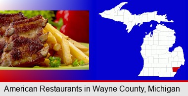 an American restaurant entree (back ribs and french fries); Wayne County highlighted in red on a map