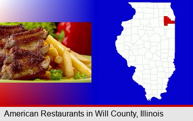 an American restaurant entree (back ribs and french fries); Will County highlighted in red on a map