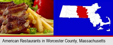 an American restaurant entree (back ribs and french fries); Worcester County highlighted in red on a map