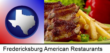 an American restaurant entree (back ribs and french fries) in Fredericksburg, TX