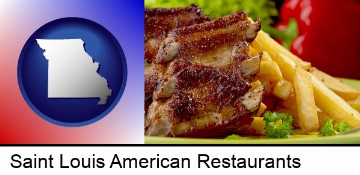 an American restaurant entree (back ribs and french fries) in Saint Louis, MO