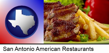 an American restaurant entree (back ribs and french fries) in San Antonio, TX