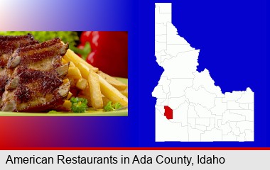 an American restaurant entree (back ribs and french fries); Ada County highlighted in red on a map