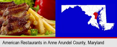 an American restaurant entree (back ribs and french fries); Anne Arundel County highlighted in red on a map