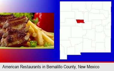 an American restaurant entree (back ribs and french fries); Bernalillo County highlighted in red on a map