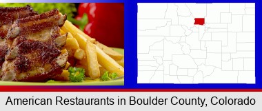 an American restaurant entree (back ribs and french fries); Boulder County highlighted in red on a map