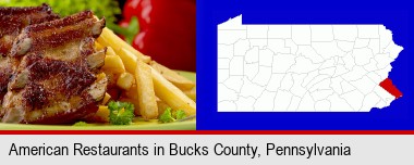 an American restaurant entree (back ribs and french fries); Bucks County highlighted in red on a map