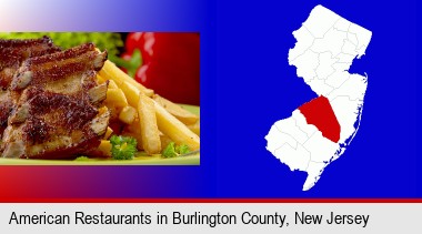 an American restaurant entree (back ribs and french fries); Burlington County highlighted in red on a map